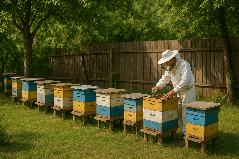 Pčelar radi na košnici pored drveća i ograde koja štiti pčelinjak od vetra