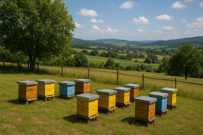 Pčelinjak sa drvenim košnicama na osunčanoj livadi sa pogledom na selo i brežuljke