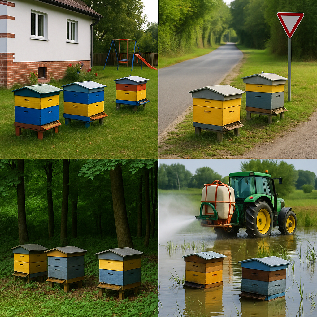 Kompozitna slika pčelinjaka postavljenih pored kuće i igrališta, uz prometan put, u gustoj hladovini šume i na poplavljenom terenu pored traktora koji prska