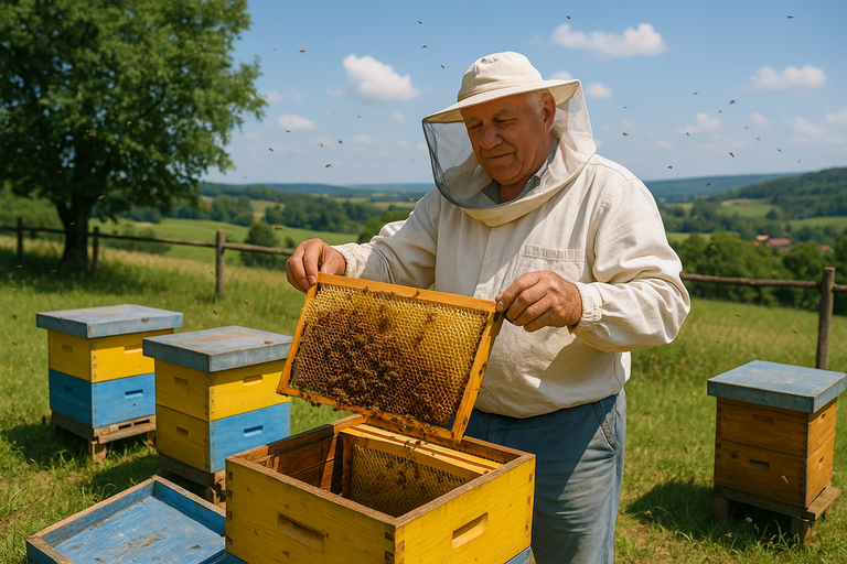 Pčelar u zaštitnom odelu pregledа ram sa pčelama na pčelinjaku