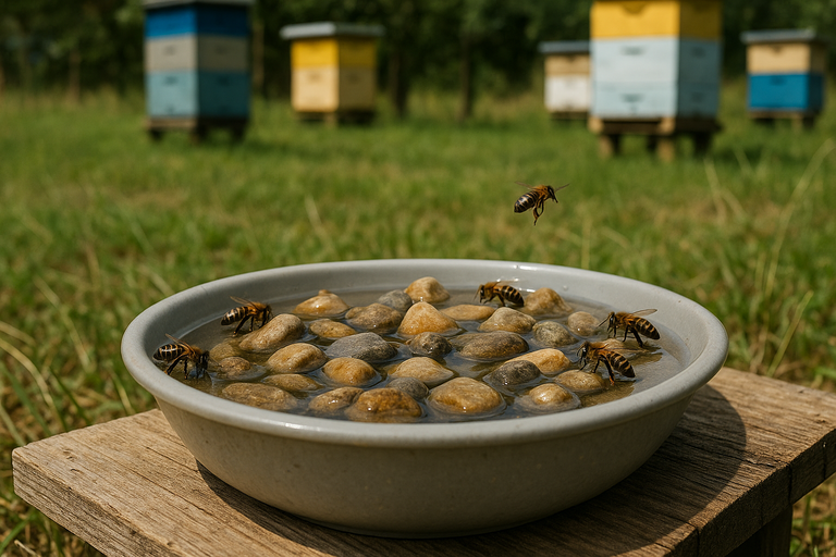 Pojilica za pčele sa plitkom posudom, kamenčićima i čistom vodom na pčelinjaku