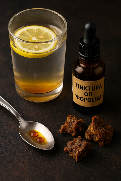 Propolis kapi – kašičica sa kapima, čaša sa limunom i komadi propolisa