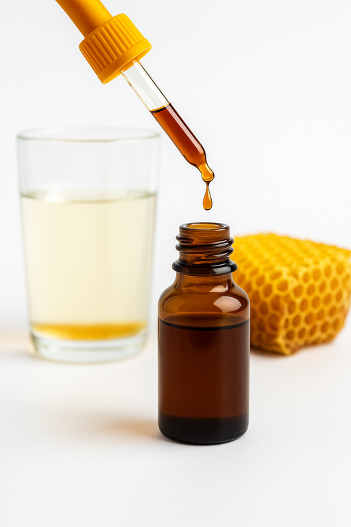 Propolis kapi – kapalica iznad bočice, čaša razblaženog propolisa i saće