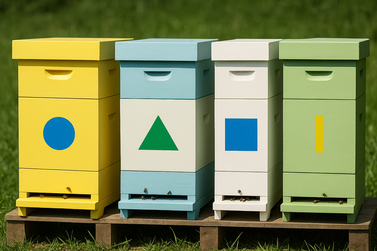 Košnice u različitim bojama sa oblicima na pročelju radi bolje orijentacije pčela