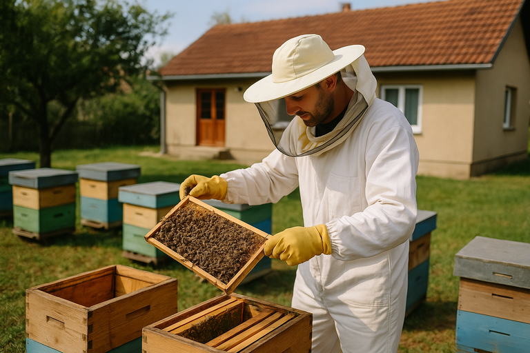 Pčelar u zaštitnom odelu pregledа ram sa pčelama ispred porodične kuće