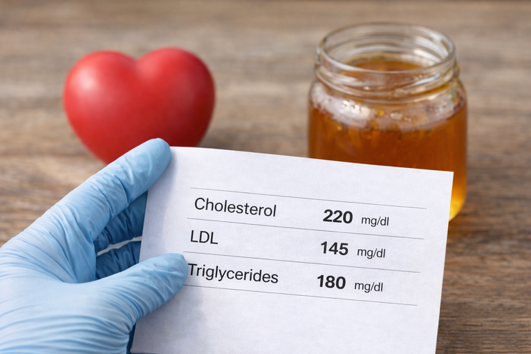 Laboratorijski nalaz holesterola, LDL i triglicerida uz crveno srce i teglu meda u pozadini