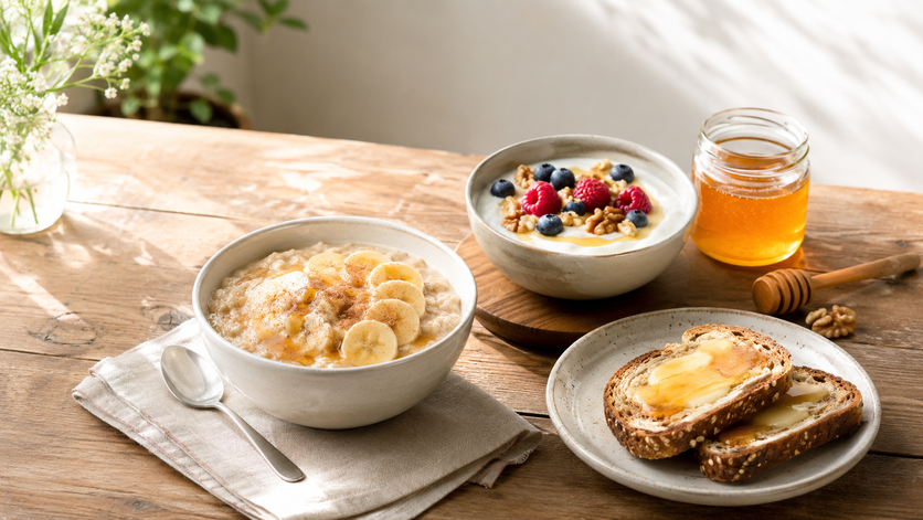 Doručak sa medom: ovsena kaša, grčki jogurt, integralni tost i tegla meda na jutarnjem stolu