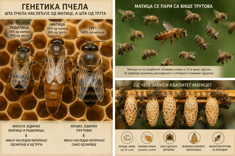 Genetika pčela prikazana kroz maticu, radilicu, truta i matičnjake na pčelinjem saću
