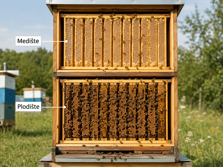 Plodište i medište u košnici prikazani kao odvojeni delovi košnice sa ramovima za leglo i med