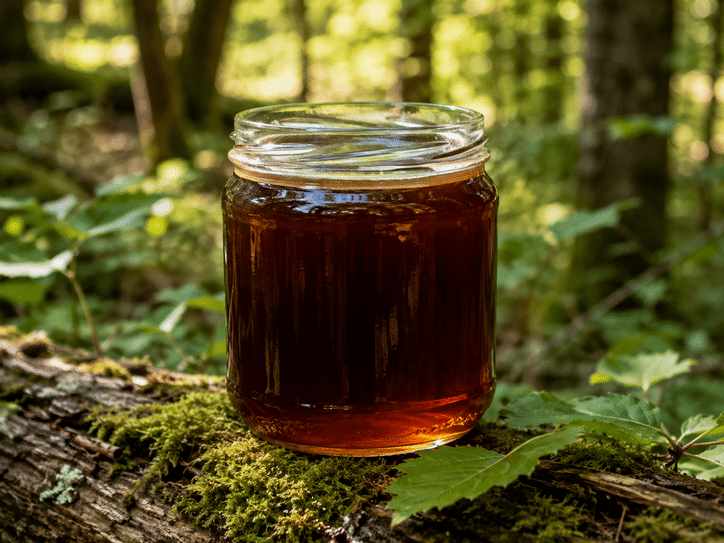 Tegla tamnog šumskog meda na mahovinom prekrivenom stablu u šumi